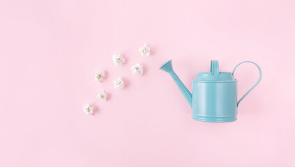 Garden watering can with white flowers on pink background. Creative spring bloom concept with copy space. Women's day, wedding, Mother's day or anniversary idea. Flat lay, top view.