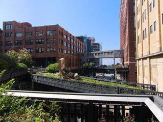 View from the Highline with bridges on Manhattan in Chelsea neighbourhood New York city, New York,...