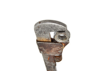 Wrenches covered in rust on white background close up