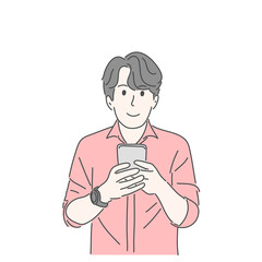 Man holding and using smartphone. Hand drawn character vector style.