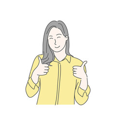 Woman gesturing with thump ups. Hand drawn character vector style.