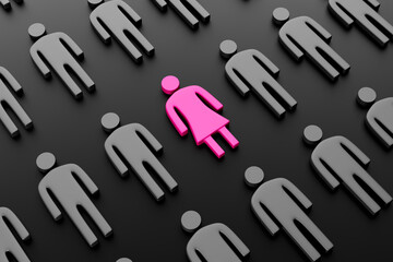 Silhouette of a pink woman surrounded by men on dark background. Concept of gender equality, gender struggle, equal opportunities and sex discrimination. 3d Render. - 425042059