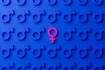 Female gender symbol surrounded by male gender symbols on a blue background. Concept of gender equality, gender struggle, equal opportunities and sex discrimination. 3d Render. - 425042072
