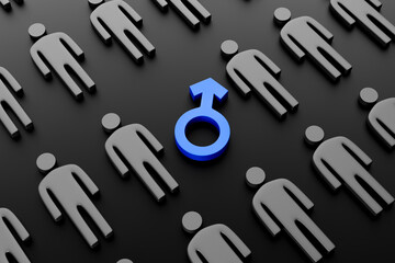 Male gender symbol surrounded by male figures on a dark background. Concept of gender equality, gender struggle, equal opportunities and gender discrimination. 3d Render. - 425042073