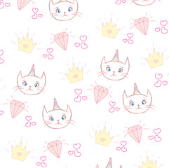 little cute white cat unicorn - seamless pattern