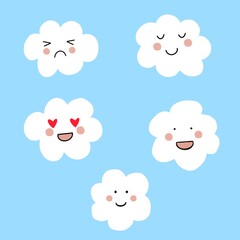 Cute White Clouds Facial Expressions on Blue Sky Nursery Illustration 