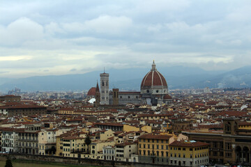 Naklejka na ściany i meble Panorama view of the city of Florence from the Michelangelo hill. The historic part of the Italian city top view.