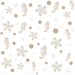 Sea pattern with starfishes, seahorses and bubbles in light colors