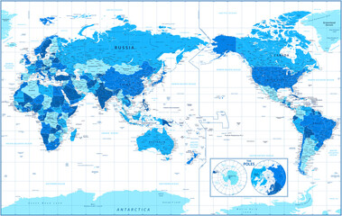 Fototapeta na wymiar World Map - Pacific China Asia Centered View - The Poles - Blue Color Political - Vector Layered Detailed Illustration