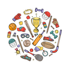 Sports equipment, uniforms, accessories vector hand drawing set in the shape of a circle. Color illustration isolated on white background.
