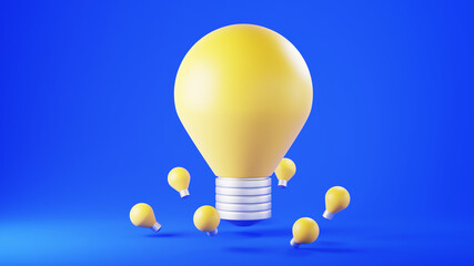 3D Rendering of light blub on blue background. Realistic 3d shapes. Education concept. Convey knowledge and ideas.
