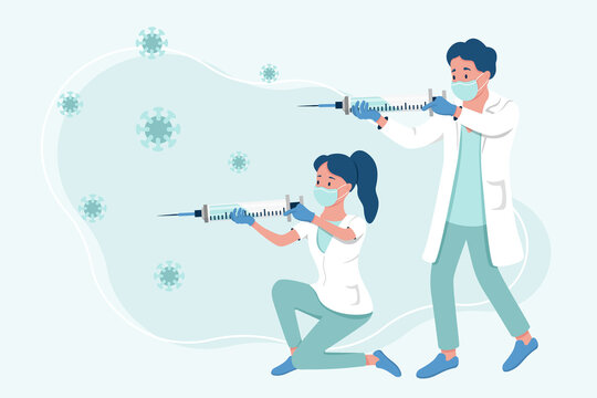 Doctor and nurse with giant syringe as a weapon fighting with coronavirus. Vaccine injection concept. Vector illustration. 