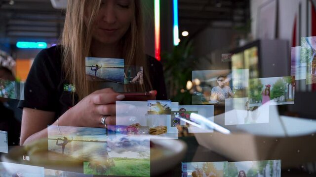 Caucasian woman using a smartphone in cafe. Concept of Social networking service. Communication network. Hologram floating photos.