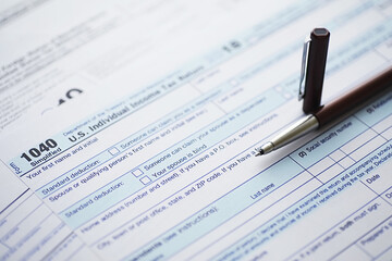 Annual tax reporting. Tax form on the table. Financial statements for signature.