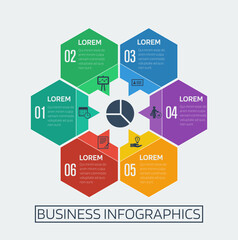 Business infographics template with 6 colorful hexagon with mono color icon set and pie chart in the center