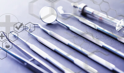 Equipment for the dental office. Orthopedic Instruments. Dental technician with working tools. Dentist metal tools.