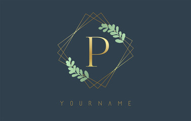 Golden Letter P Logo With golden square frames and green leaf design. Creative vector illustration with letter P.