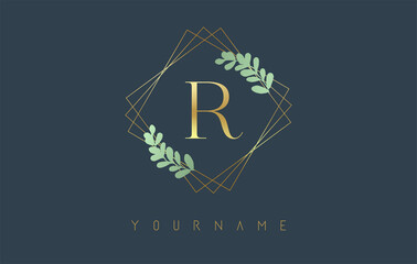 Golden Letter R Logo With golden square frames and green leaf design. Creative vector illustration with letter R.