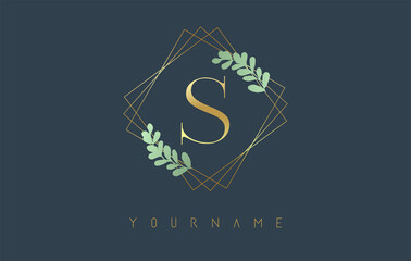 Golden Letter S Logo With golden square frames and green leaf design. Creative vector illustration with letter S.