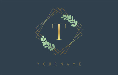 Golden Letter T Logo With golden square frames and green leaf design. Creative vector illustration with letter T.