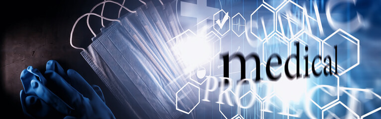 Personal protective equipment. Disposable medical mask. Gauze bandage for respiratory protection. Medical accessories.