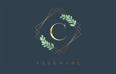 Golden Letter C Logo With golden square frames and green leaf design. Creative vector illustration with letter C.