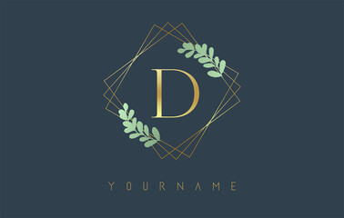 Golden Letter D Logo With golden square frames and green leaf design. Creative vector illustration with letter D.