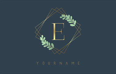 Golden Letter E Logo With golden square frames and green leaf design. Creative vector illustration with letter E.
