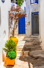 Old traditional white villages with colorful doors in Cyclades islands of Greece. Amorgos