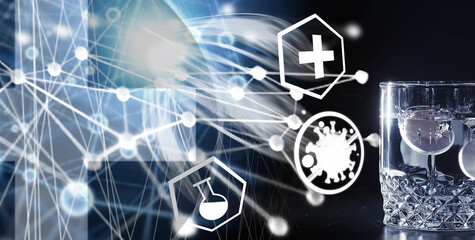 Water soluble tablets. The medicine is soluble. Anti-hangover. Effervescent tablets in a glass.