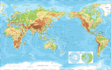 World Map - Pacific China Asia View - The Poles - Physical Topographic - Vector Detailed Illustration