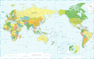 World Map - Pacific View - Asia China Center - The Poles - Political Topographic - Layers - Vector Detailed Illustration