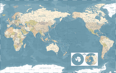 World Map - Pacific China Asia View - The Poles - Vintage Physical Topographic - Vector Detailed Illustration © Porcupen