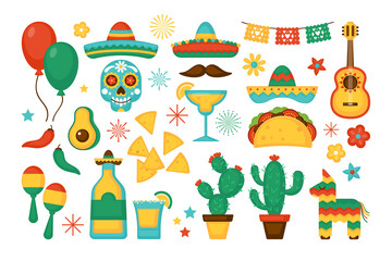 Cinco de Mayo Mexican Holiday elements set. Greeting card, poster and banner template design