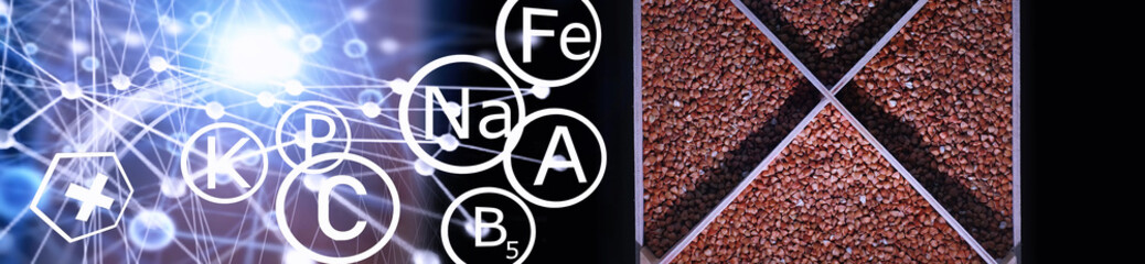 Obraz premium A set of grain cereals. Rice, buckwheat and millet groats in a wooden tray. A grocery set of cereals. Import of grain.