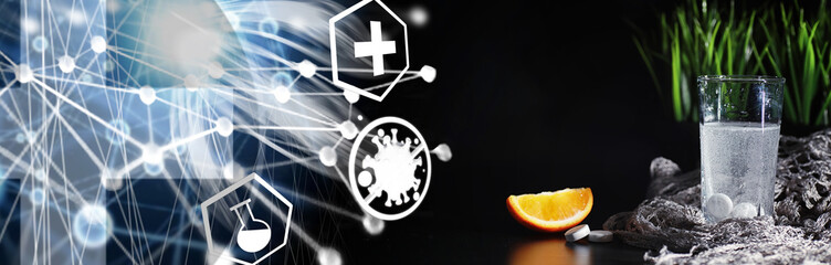 Composition from Bottles of cough syrup.Healthcare, medicine, flu and treatment concept - paper wipes and thermometer with pills.