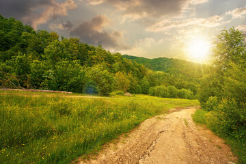 dirt road through forested countryside at sunset. beautiful summer rural landscape in mountains....