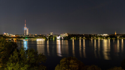 hamburg alster panoramic skyline night view, germany