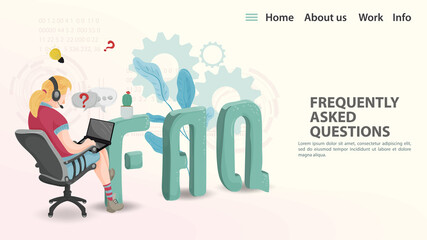 FAQ Vector Illustration Landing page template for a web page or app a girl with headphones sits in a chair and asks questions against a background of large letters