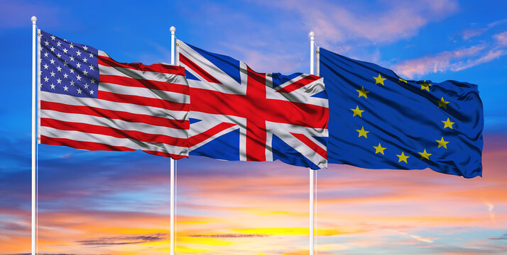 Flags of America. United Kingdom and the European Union. Brexit