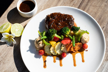 Grilled Steak and Grilled Vegetables beautifully decorated 