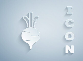 Paper cut Fresh beet with leaf icon isolated on grey background. Natural Root. Vegetable Ingredient for food. Paper art style. Vector