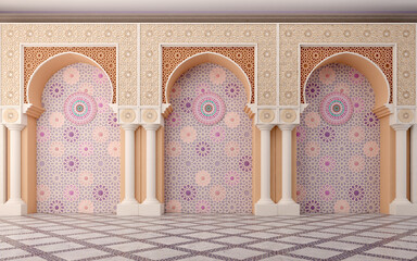 Arabic,Islamic style wall design with arch and arabic pattern.3d rendering - obrazy, fototapety, plakaty