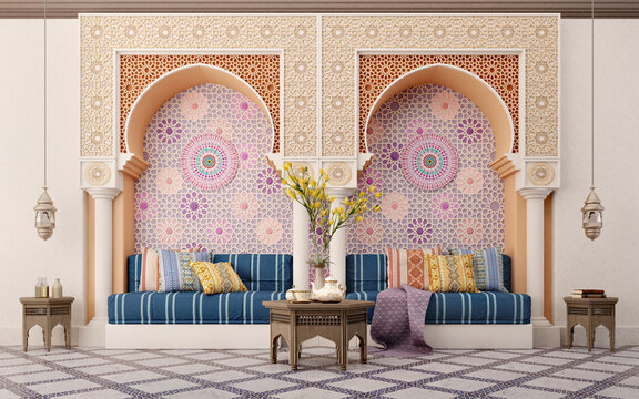 Arabic,Islamic style living room interior design with arch and arabic pattern.3d rendering