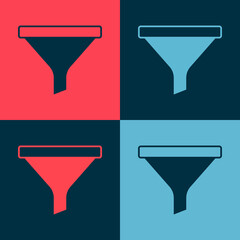 Pop art Funnel or filter icon isolated on color background. Vector