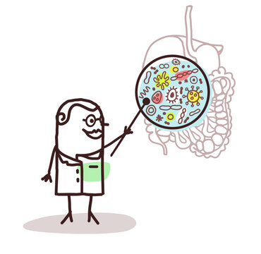 Cartoon Doctor Explaining what is Micro-biota in the Digestive System