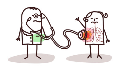 Cartoon Doctor using Stethoscope and Woman with Pulmonary problems