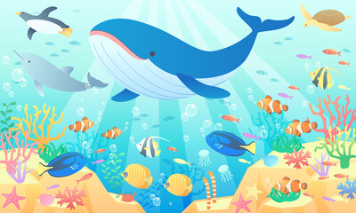 夏の海でクジラやペンギンやイルカが泳いでいるベクターイラスト背景(風景)