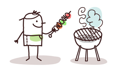 Cartoon Man with Meat Brochette and Barbecue