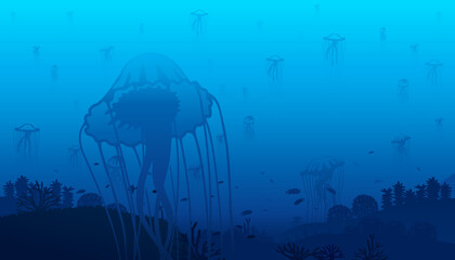 Vector illustration of underwater world scene with coral reefs and jellyfish (chrysaora) in the deep blue ocean .